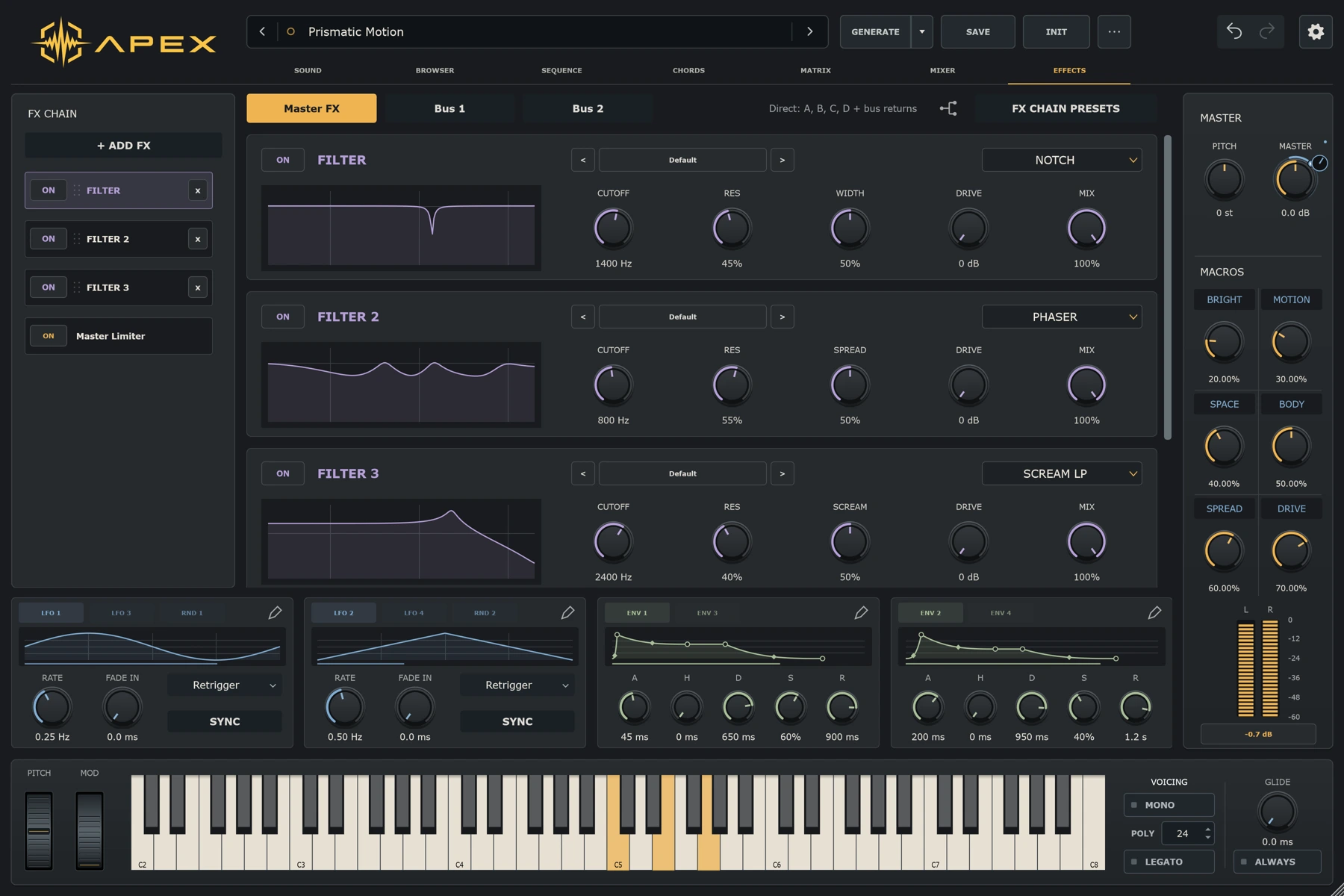 Apex creative filter rack showing Notch, Phaser and Scream response curves