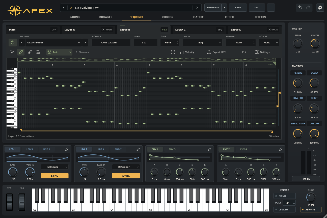 Apex sequencer with an eight-bar melodic pattern